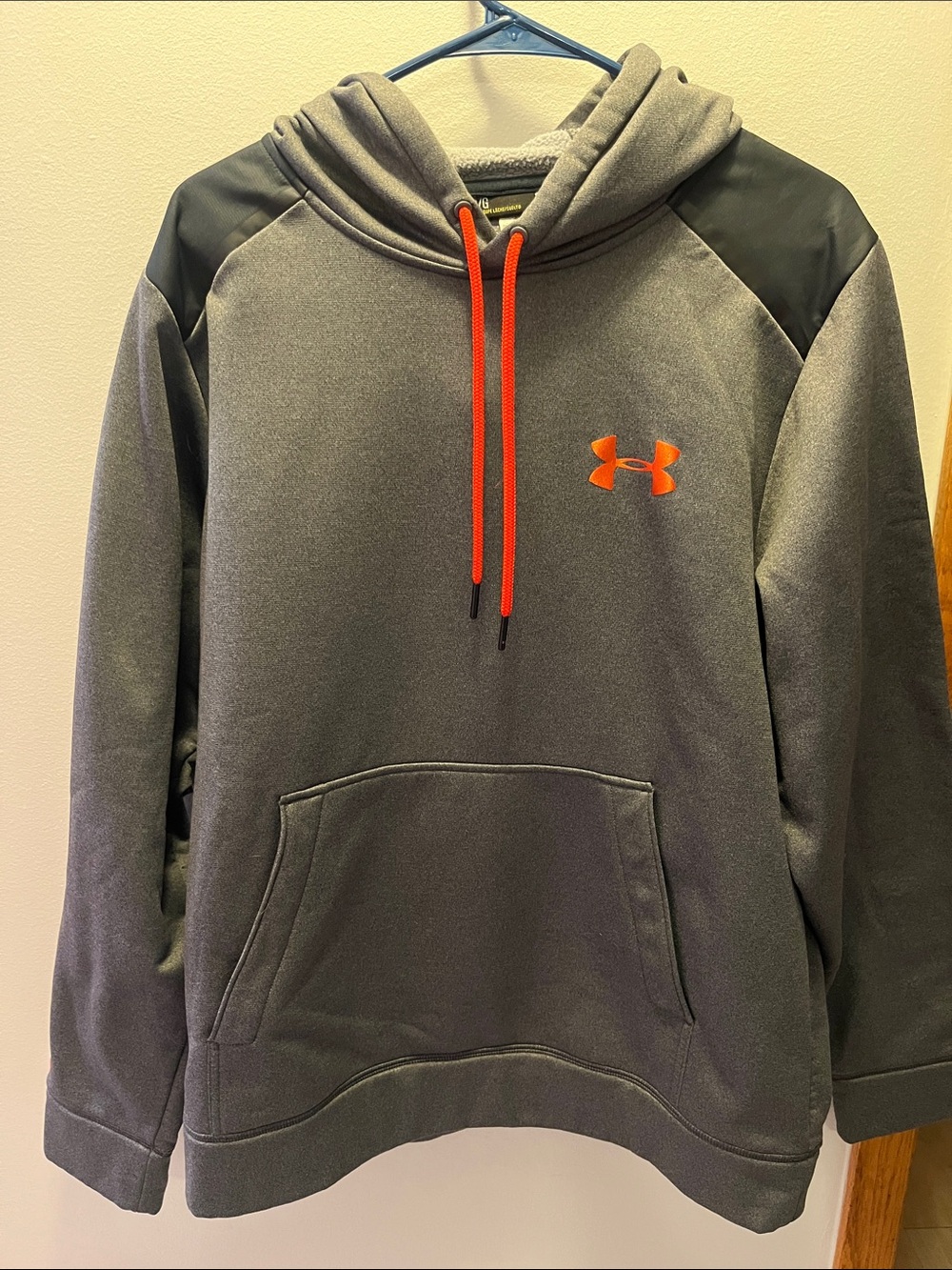Under Armour Men's Charcoal Gray Hoodie with Bright Orange Logo and Drawcords